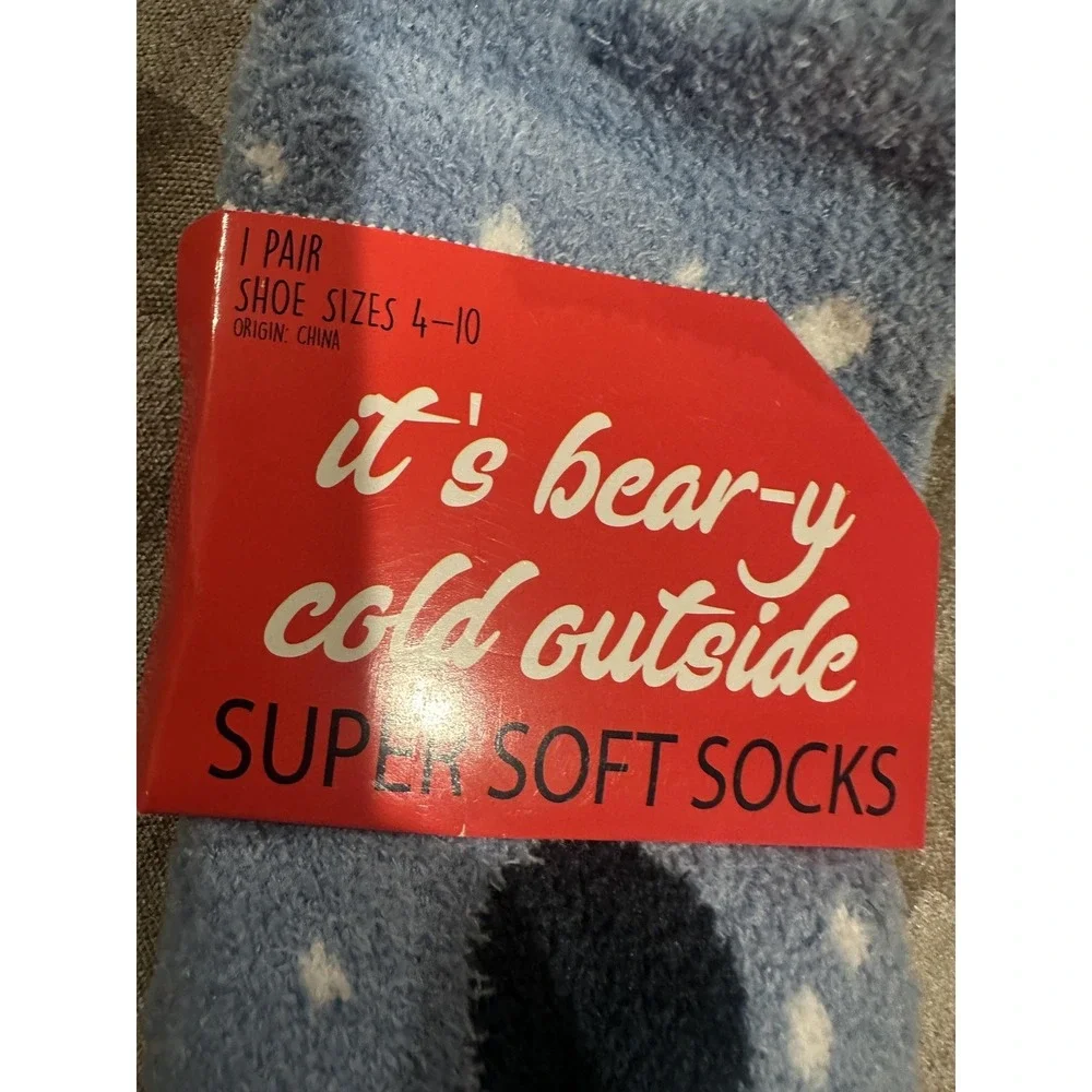 Polar Bear Super Soft Socks Womens Shoe 4-10 Blue Bear Fuzzy‎ Winter Cozy